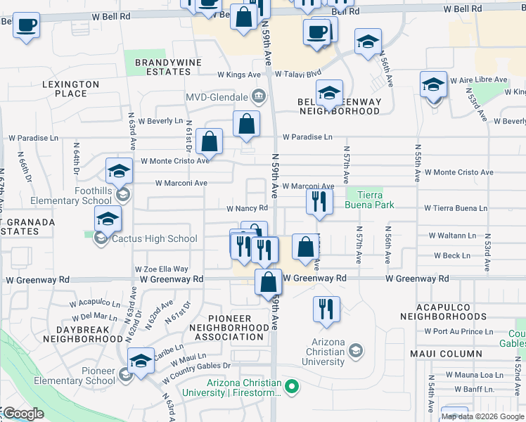 map of restaurants, bars, coffee shops, grocery stores, and more near 5913 West Nancy Road in Glendale