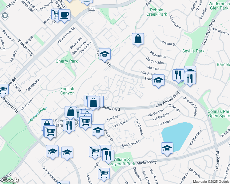 map of restaurants, bars, coffee shops, grocery stores, and more near 23001 Vía Pimiento in Mission Viejo