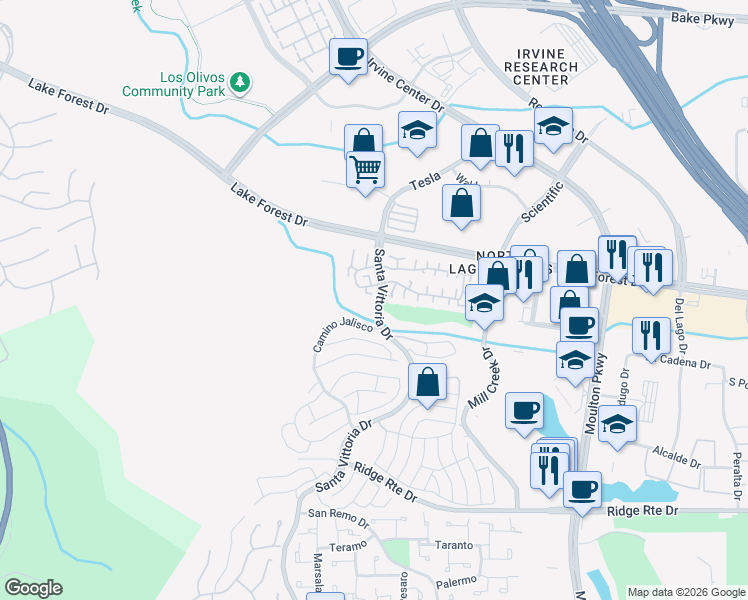 map of restaurants, bars, coffee shops, grocery stores, and more near 22988 Santa Vittoria Drive in Laguna Hills