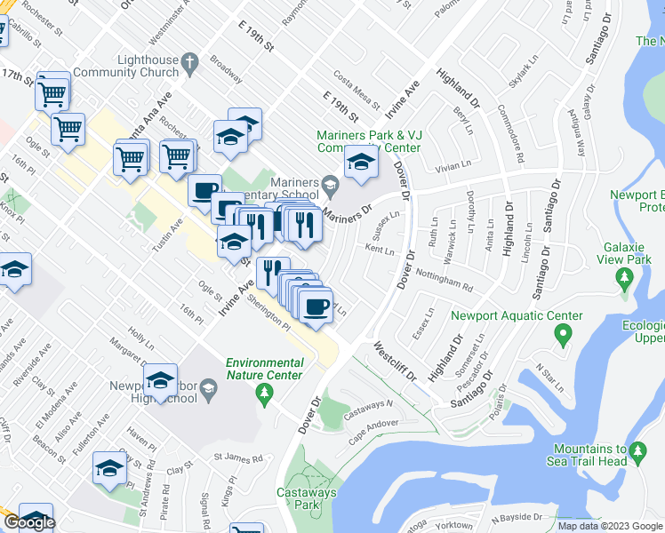 map of restaurants, bars, coffee shops, grocery stores, and more near 1111 Pembroke Lane in Newport Beach