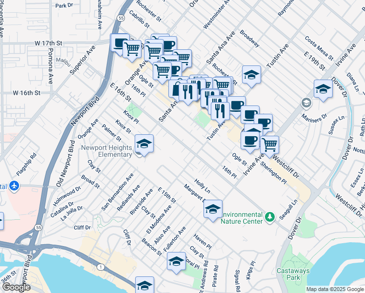 map of restaurants, bars, coffee shops, grocery stores, and more near 1588 Redlands Place in Costa Mesa