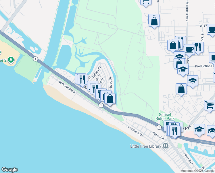 map of restaurants, bars, coffee shops, grocery stores, and more near 331 62nd Street in Newport Beach