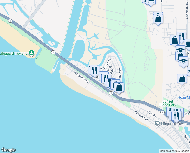 map of restaurants, bars, coffee shops, grocery stores, and more near 6800B West Coast Highway in Newport Beach