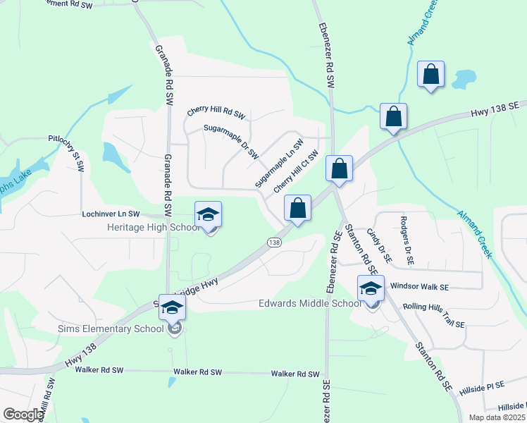 map of restaurants, bars, coffee shops, grocery stores, and more near 1655 Cherry Hill Road Southwest in Conyers
