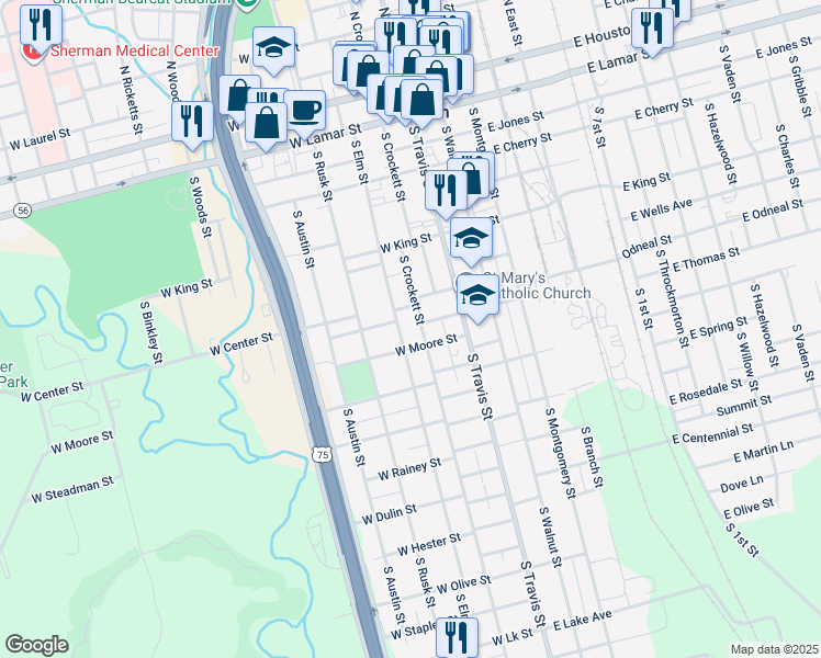 map of restaurants, bars, coffee shops, grocery stores, and more near 816 South Crockett Street in Sherman
