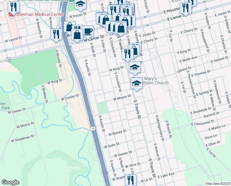 map of restaurants, bars, coffee shops, grocery stores, and more near 816 South Crockett Street in Sherman
