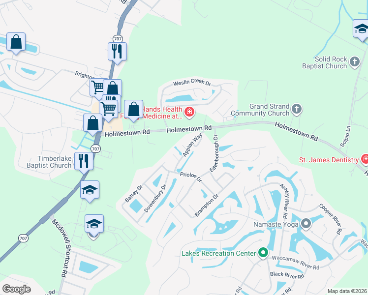 map of restaurants, bars, coffee shops, grocery stores, and more near 305 Maximus Court in Myrtle Beach