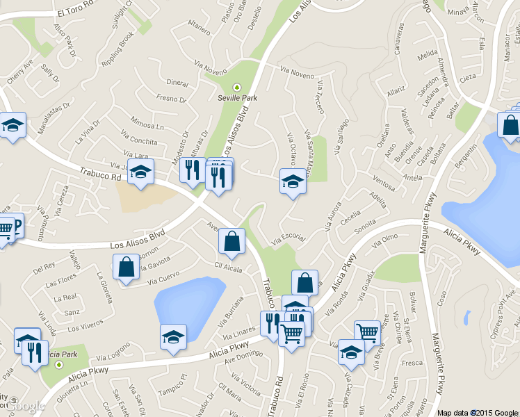 map of restaurants, bars, coffee shops, grocery stores, and more near 23001 Vía San Gabriel in Mission Viejo