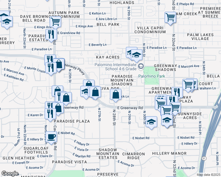 map of restaurants, bars, coffee shops, grocery stores, and more near 15601 North 27th Street in Phoenix