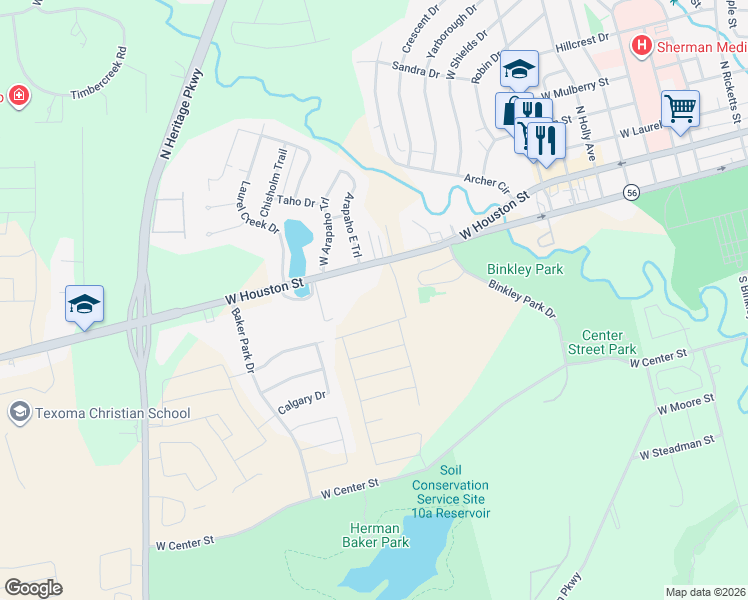map of restaurants, bars, coffee shops, grocery stores, and more near 2122 West Houston Street in Sherman
