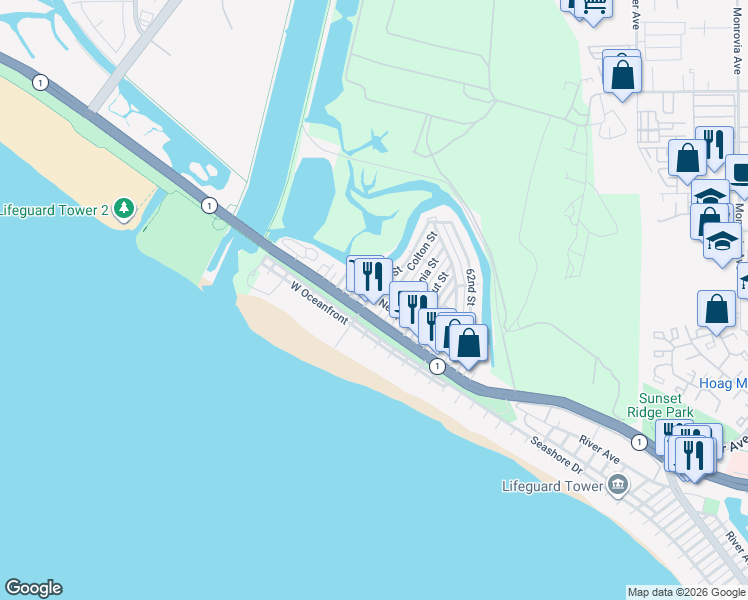 map of restaurants, bars, coffee shops, grocery stores, and more near 6800B West Coast Highway in Newport Beach