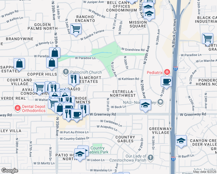map of restaurants, bars, coffee shops, grocery stores, and more near 3129 West Tierra Buena Lane in Phoenix