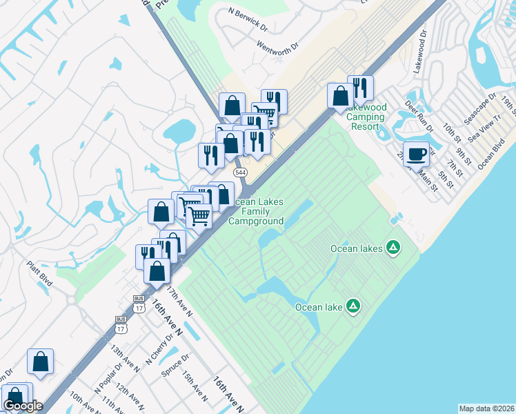 map of restaurants, bars, coffee shops, grocery stores, and more near U-35 Crane Drive in Myrtle Beach