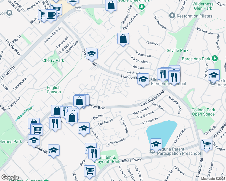 map of restaurants, bars, coffee shops, grocery stores, and more near 26274 Vía Roble in Mission Viejo