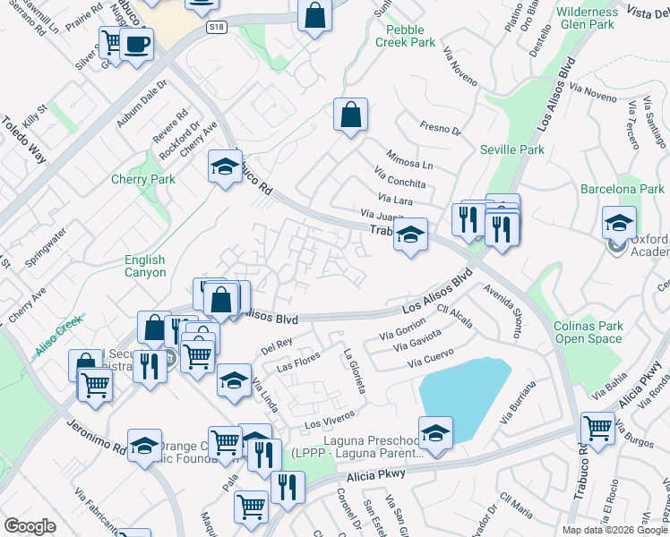 map of restaurants, bars, coffee shops, grocery stores, and more near 26322 Via Roble in Mission Viejo