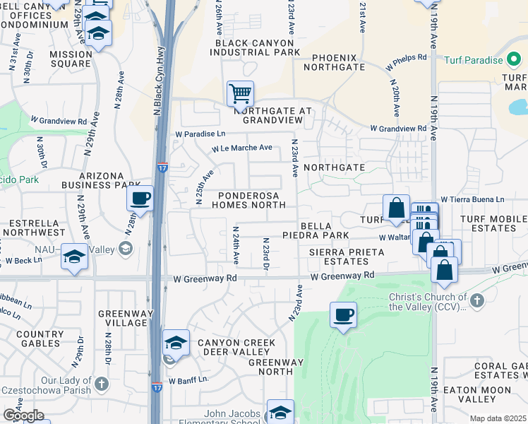 map of restaurants, bars, coffee shops, grocery stores, and more near 2341 West Tierra Buena Lane in Phoenix
