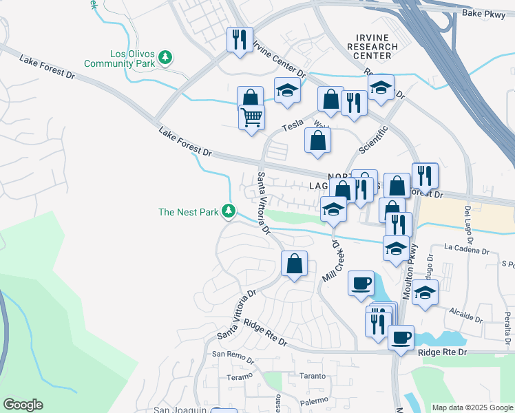 map of restaurants, bars, coffee shops, grocery stores, and more near 22988 Santa Vittoria Drive in Laguna Hills