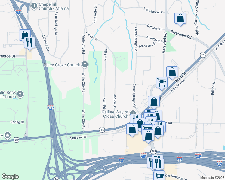 map of restaurants, bars, coffee shops, grocery stores, and more near 4665 Janice Drive in Atlanta