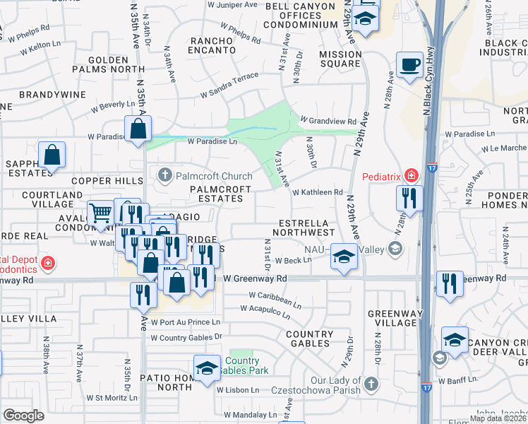 map of restaurants, bars, coffee shops, grocery stores, and more near 3129 West Tierra Buena Lane in Phoenix