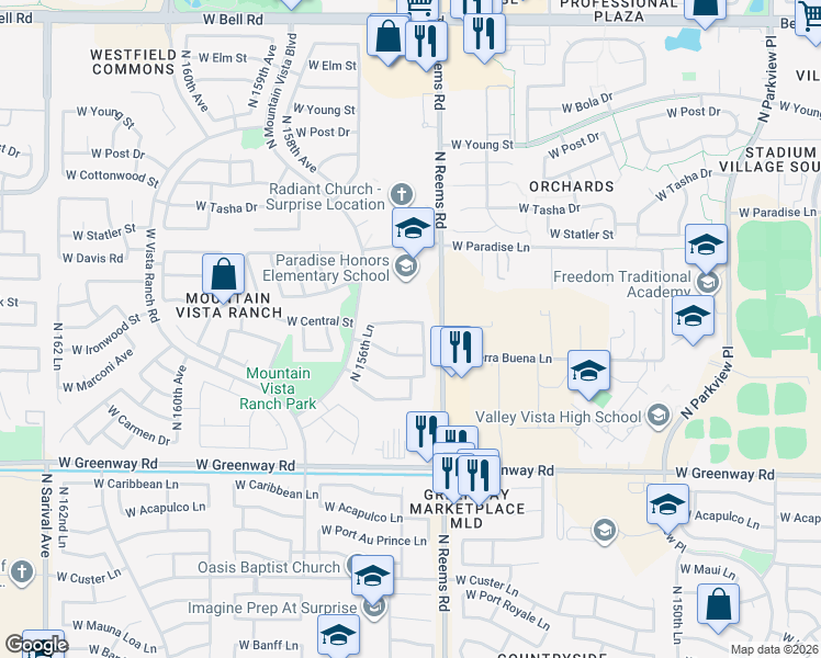 map of restaurants, bars, coffee shops, grocery stores, and more near 15818 North 155th Drive in Surprise