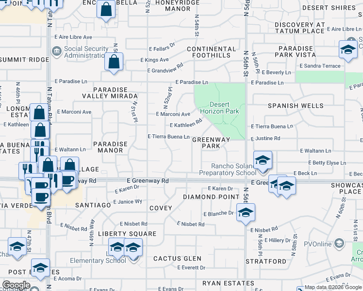 map of restaurants, bars, coffee shops, grocery stores, and more near 5250 East Carolina Drive in Scottsdale