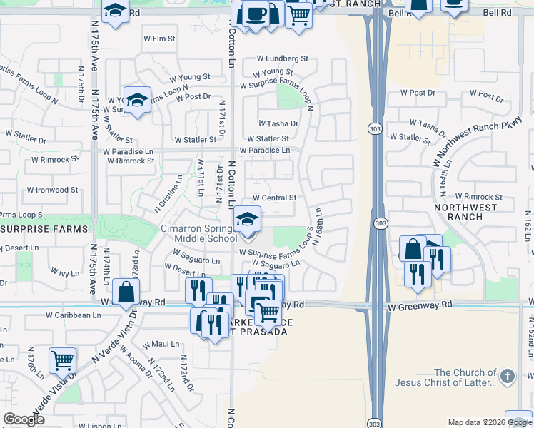 map of restaurants, bars, coffee shops, grocery stores, and more near 17021 West Marconi Avenue in Surprise