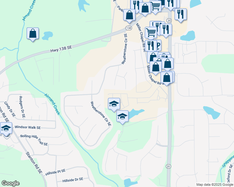 map of restaurants, bars, coffee shops, grocery stores, and more near 1908 Holmsey Circle in Conyers