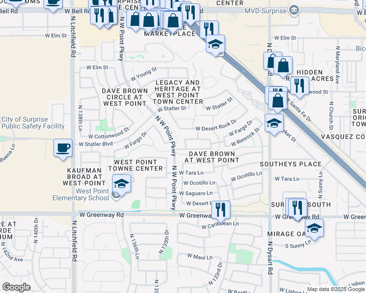 map of restaurants, bars, coffee shops, grocery stores, and more near 15946 North Naegel Drive in Surprise