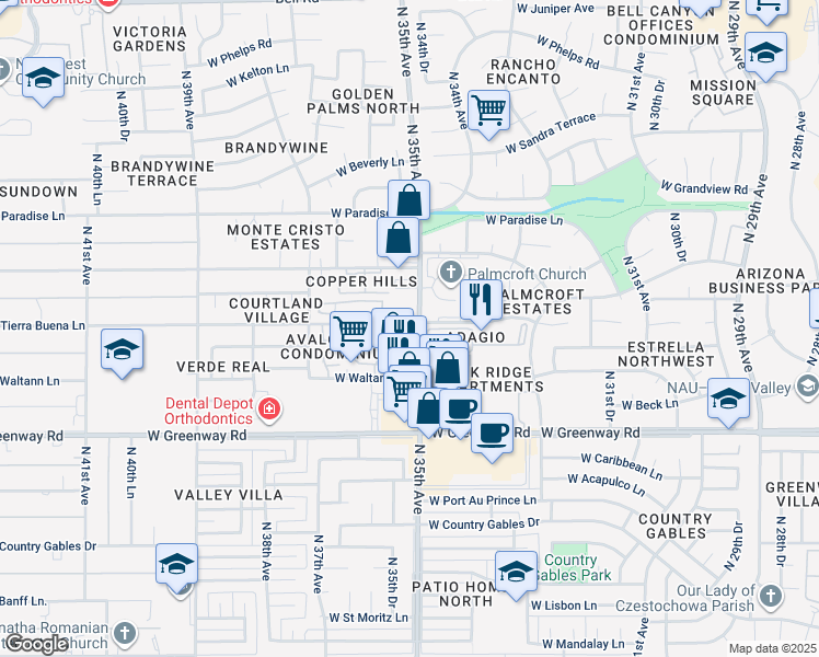 map of restaurants, bars, coffee shops, grocery stores, and more near 15648 North 35th Avenue in Phoenix