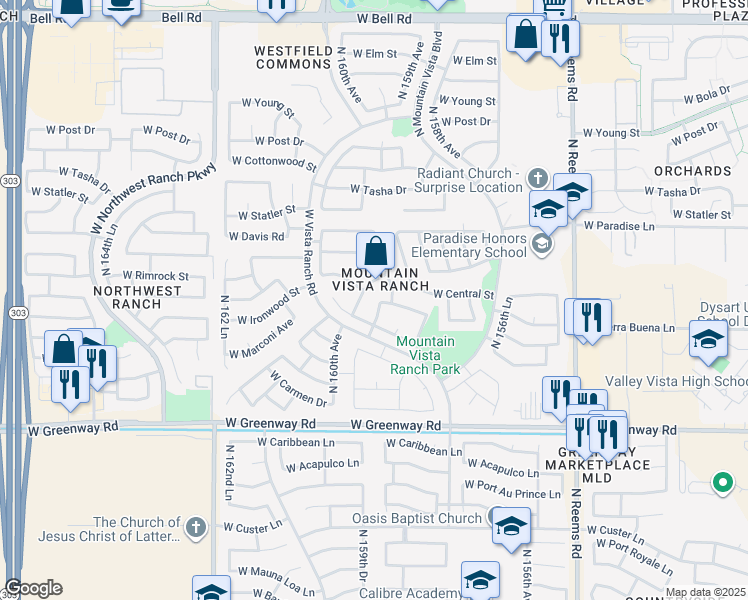 map of restaurants, bars, coffee shops, grocery stores, and more near 16028 North 159th Drive in Surprise