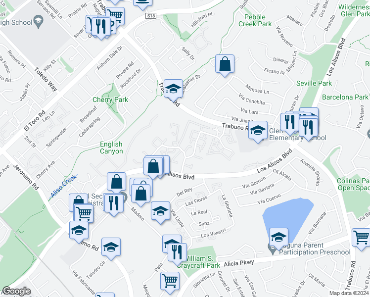 map of restaurants, bars, coffee shops, grocery stores, and more near 22994 Vía Pimiento in Mission Viejo