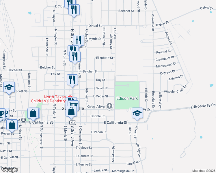 map of restaurants, bars, coffee shops, grocery stores, and more near 1609 East Scott Street in Gainesville