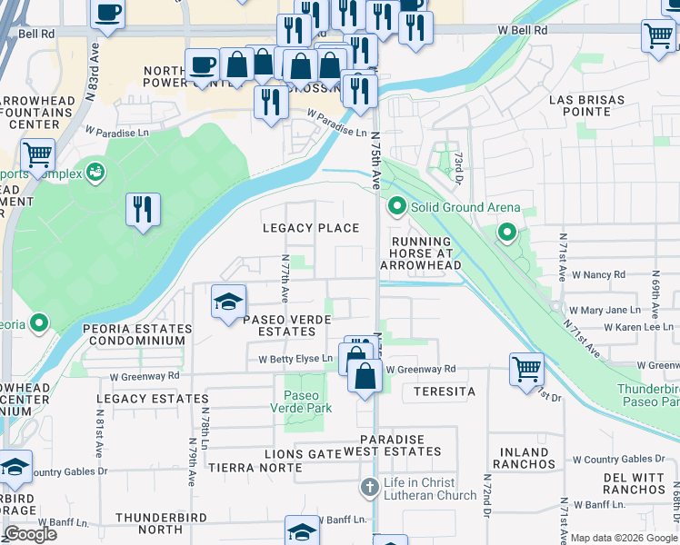 map of restaurants, bars, coffee shops, grocery stores, and more near 7546 West Tierra Buena Lane in Peoria