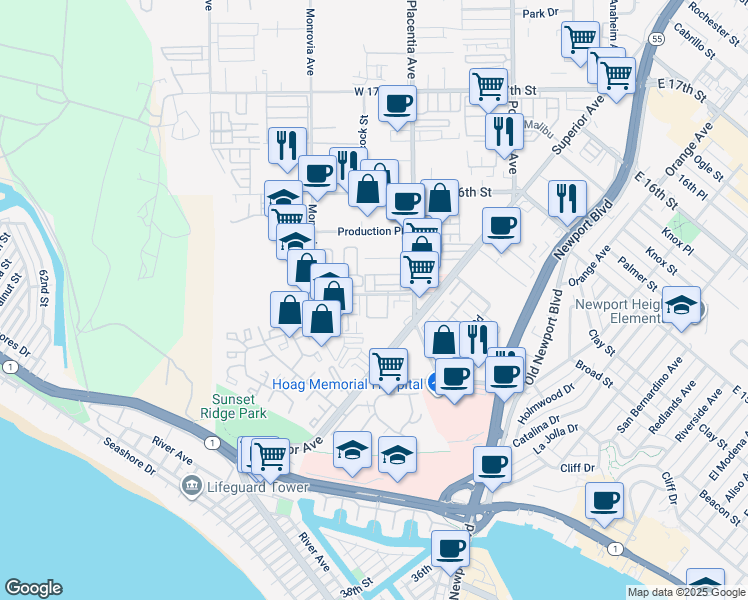 map of restaurants, bars, coffee shops, grocery stores, and more near 843 West 15th Street in Newport Beach