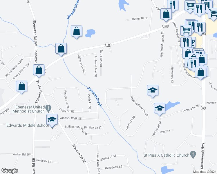 map of restaurants, bars, coffee shops, grocery stores, and more near 2401 Weatherstone Circle Southeast in Conyers