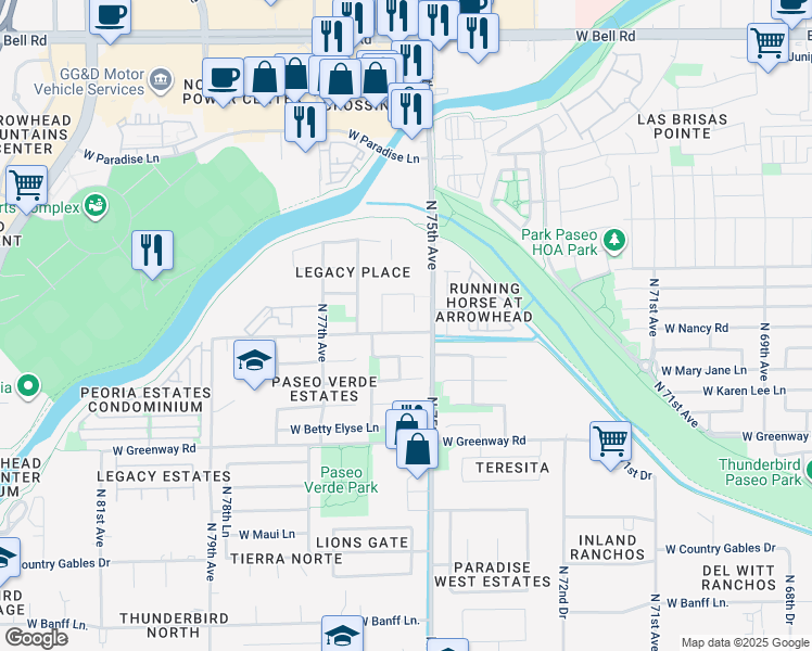 map of restaurants, bars, coffee shops, grocery stores, and more near 7546 West Tierra Buena Lane in Peoria