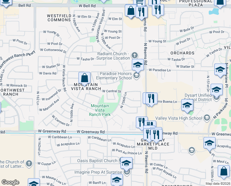 map of restaurants, bars, coffee shops, grocery stores, and more near 16139 North 157th Drive in Surprise