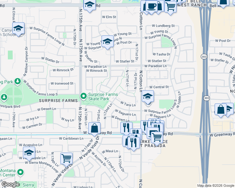 map of restaurants, bars, coffee shops, grocery stores, and more near 15852 North 172nd Lane in Surprise
