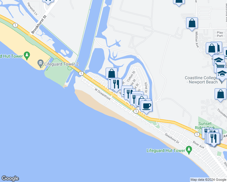 map of restaurants, bars, coffee shops, grocery stores, and more near 207 Orange Street in Newport Beach