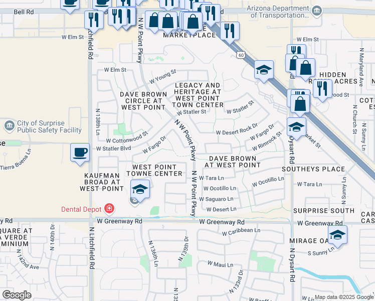 map of restaurants, bars, coffee shops, grocery stores, and more near 13531 West Fargo Drive in Surprise