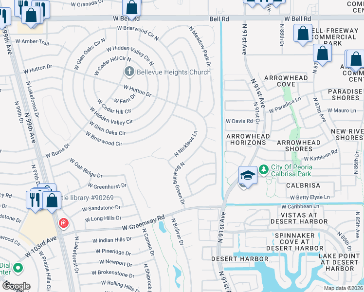 map of restaurants, bars, coffee shops, grocery stores, and more near 15822 North Nicklaus Lane in Sun City