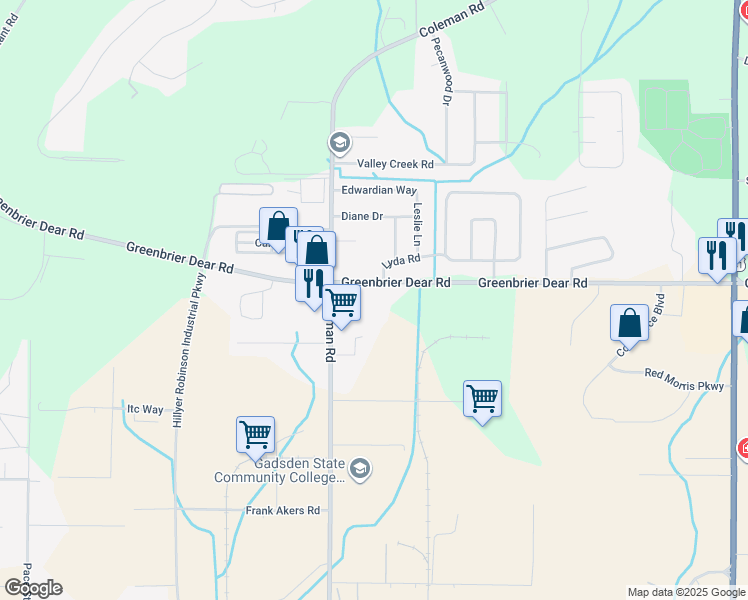 map of restaurants, bars, coffee shops, grocery stores, and more near 1700 Greenbrier Dear Road in Anniston