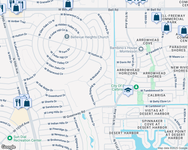 map of restaurants, bars, coffee shops, grocery stores, and more near 15822 North Nicklaus Lane in Sun City