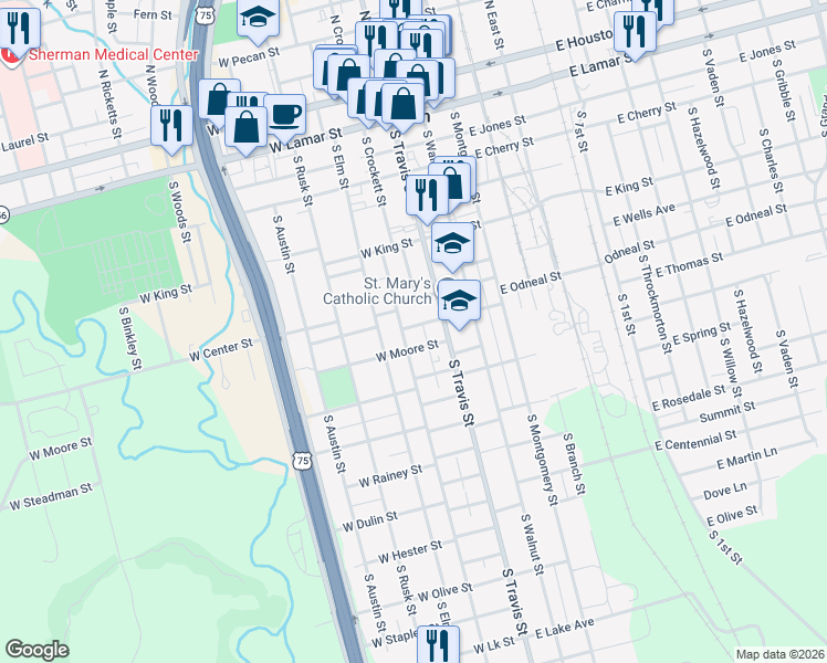 map of restaurants, bars, coffee shops, grocery stores, and more near 111 West Moore Street in Sherman