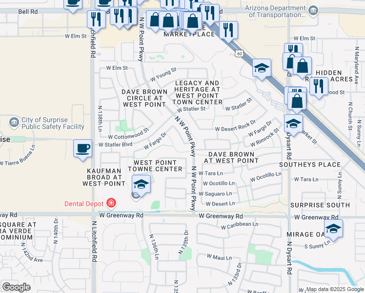 map of restaurants, bars, coffee shops, grocery stores, and more near 13531 West Fargo Drive in Surprise
