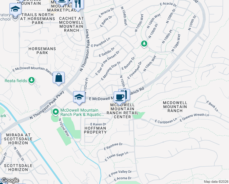 map of restaurants, bars, coffee shops, grocery stores, and more near 15669 North 104th Street in Scottsdale