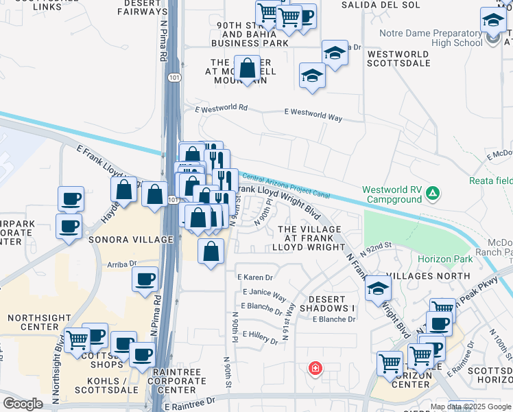 map of restaurants, bars, coffee shops, grocery stores, and more near in Scottsdale