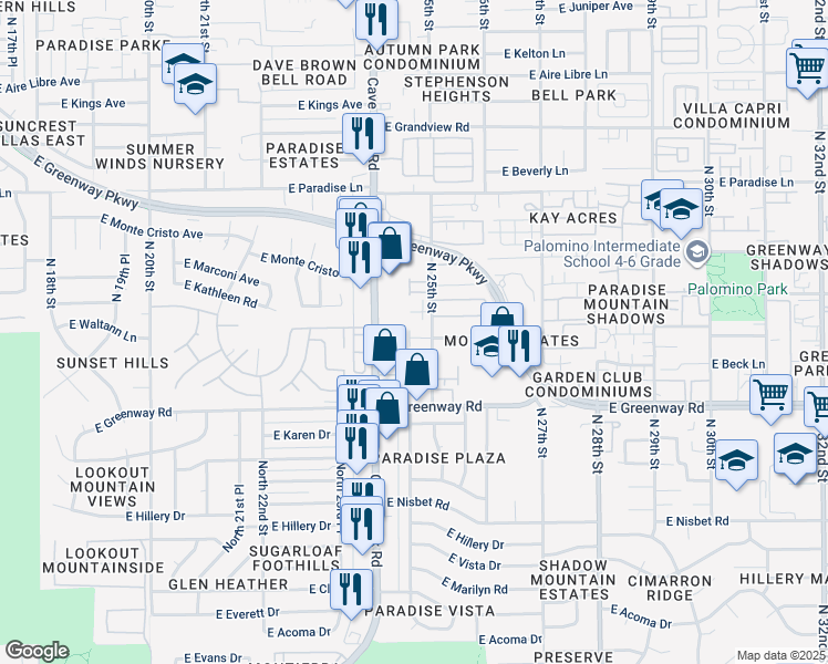 map of restaurants, bars, coffee shops, grocery stores, and more near 2439 East Waltann Lane in Phoenix