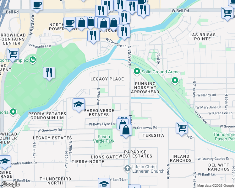 map of restaurants, bars, coffee shops, grocery stores, and more near 7546 West Tierra Buena Lane in Peoria