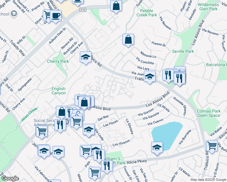 map of restaurants, bars, coffee shops, grocery stores, and more near 22996 Vía Cereza in Mission Viejo